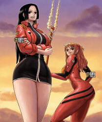 Rule 34 | 2girls, arms under breasts, ass, black hair, boa hancock, bodysuit, breasts, color connection, cosplay, curvy, dress, ear piercing, female focus, hair color connection, iury padilha, jacket, katsuragi misato, katsuragi misato (cosplay), large breasts, long hair, looking at viewer, mitsuishi kotono, multiple girls, nami (one piece), neon genesis evangelion, one piece, open clothes, open jacket, orange hair, piercing, plugsuit, red bodysuit, red jacket, shiny clothes, short dress, sky, smile, souryuu asuka langley, souryuu asuka langley (cosplay), thighs, voice actor connection, wide hips