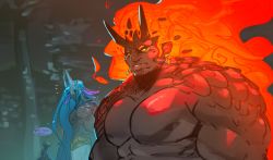 Rule 34 | 2boys, abs, absurdres, animal ear request, bara, character request, colored sclera, commentary, dark-skinned male, dark skin, demise (zelda), demon boy, english text, fiery hair, from side, ganondoodle, girl staring at guy&#039;s chest (meme), highres, horns, large pectorals, long hair, looking at another, looking down, male focus, mature male, meme, monster boy, multiple boys, multiple horns, muscle envy, muscular, muscular male, nintendo, nipples, no pupils, nude, orange sclera, pectorals, scales, short hair, sideburns, sweat, symbol-only commentary, the legend of zelda, upper body