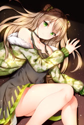 Rule 34 | 1girl, ahoge, bare legs, bare shoulders, blush, bow, breasts, brown hair, camouflage, camouflage jacket, choker, cleavage, collarbone, covered navel, double bun, dress, fur trim, girls&#039; frontline, green eyes, hair between eyes, hair bow, hair bun, highres, jacket, light particles, long hair, looking at viewer, lying, medium breasts, on side, rfb (girls&#039; frontline), smile, solo, thighs, wsman