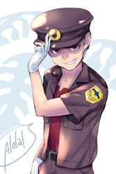 Rule 34 | 1boy, badge, belt, collared jacket, commentary request, creatures (company), game freak, gloves, grey background, grey hair, grin, hand on headwear, hand up, hat, highres, jacket, looking at viewer, male focus, nanu (pokemon), nintendo, nyoripoke, open clothes, open jacket, pants, pokemon, pokemon sm, red eyes, red shirt, shirt, short hair, short sleeves, smile, solo, teeth, white gloves