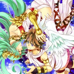 Rule 34 | 1boy, 1girl, angel, asymmetrical clothes, bad id, bad pixiv id, bare shoulders, bike shorts, blue eyes, brown hair, crown, fingerless gloves, gauntlets, gloves, green eyes, green hair, jewelry, kazura sakura, kid icarus, kid icarus uprising, long hair, lots of jewelry, necklace, nintendo, palutena, pit (kid icarus), sandals, short hair, single thighhigh, smile, thighhighs, tunic, wings