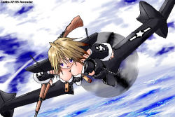 Rule 34 | 1girl, aircraft, airplane, blonde hair, breasts, character name, cloud, detached sleeves, flying, gun, hanging breasts, large breasts, looking at viewer, mecha musume, military, ocean, oekaki, open mouth, original, rifle, sky, solo, weapon, world war ii, xp-55, yonezuka ryou