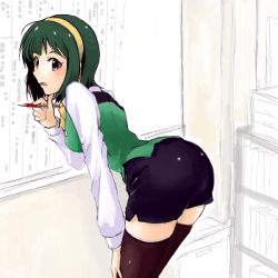 Rule 34 | 1girl, ass, bent over, black thighhighs, blush, from behind, green hair, hair ornament, hairband, idolmaster, idolmaster (classic), indoors, looking back, mistrail, mole, mole under mouth, open mouth, otonashi kotori, pencil skirt, short hair, skindentation, skirt, solo, thighhighs, vest, zettai ryouiki