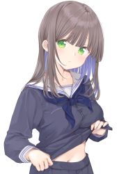 Rule 34 | 1girl, black serafuku, black shirt, black skirt, blouse, blue neckerchief, brown hair, chinese commentary, clothes lift, collarbone, colored inner hair, commentary request, green eyes, head tilt, highres, lifted by self, long hair, long sleeves, looking at viewer, maigoyaki, multicolored hair, navel, neckerchief, original, parted lips, pleated skirt, purple hair, sailor collar, school uniform, serafuku, shirt, shirt lift, simple background, skirt, solo, upper body, white background, white sailor collar