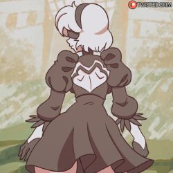 Rule 34 | 1girl, android, animated, animated gif, ass, ass shake, black hairband, blindfold, breasts, dancing, from behind, gloves, hairband, looking at viewer, nier:automata, nier (series), shiny skin, short hair, silver hair, smile, tagme, twistedgrim, 2b (nier:automata)