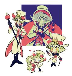 Rule 34 | 1boy, 1girl, apple, black bow, black bowtie, blonde hair, bow, bowtie, cane, charlie morningstar, colored sclera, demon, demon boy, demon girl, father and daughter, food, formal, fruit, gogeyama, hat, hazbin hotel, highres, holding, holding cane, long hair, long sleeves, lucifer morningstar (hazbin hotel), pale skin, red eyes, red suit, sharp teeth, smile, snake, striped clothes, striped vest, suit, teeth, two-tone hat, vertical-striped clothes, vertical-striped vest, vest, white headwear, white suit, yellow sclera