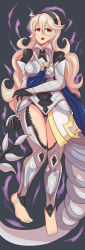 Rule 34 | 1girl, absurdres, armor, artist name, barefoot, cape, corrin (female) (fire emblem), corrin (fire emblem), dragon girl, feet, fire emblem, fire emblem fates, fire emblem heroes, fire emblem if, gloves, grey hair, hairband, highres, intelligent systems, long hair, long image, nintendo, open mouth, raydango, red eyes, simple background, stirrup legwear, tall image, toeless legwear, toenails, toes
