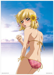 Rule 34 | 00s, 1girl, :o, artist request, ass, back, bikini, blonde hair, blush, butt crack, cagalli yula athha, cloud, covering privates, day, embarrassed, flower, from behind, gundam, gundam seed, gundam seed destiny, hair flower, hair ornament, hair ribbon, hip focus, hoshino masumi, looking at viewer, looking back, official art, orange eyes, outdoors, photo background, pink bikini, plaid, plaid bikini, ribbon, short hair, side-tie bikini bottom, sky, solo, standing, sunflower, surprised, swimsuit, water, wide hips