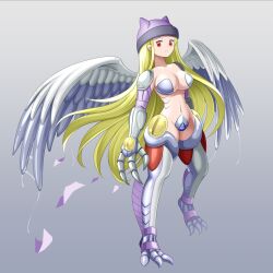 armor blonde_hair breasts calamaramon corruption digimon digimon_frontier fusion green_eyes hat long_hair looking_at_viewer oridigi orimoto_izumi shutumon