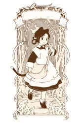 Rule 34 | 1girl, absurdres, akai sashimi, animal, animal ears, ankle boots, apron, arm at side, bag, boots, bow, cat ears, cat girl, cat tail, closed mouth, collared dress, dress, framed, full body, hair bow, hair ornament, hair rings, hand up, highres, leg lift, long sleeves, looking at viewer, maid, maid apron, monochrome, original, outdoors, outside border, shoulder bag, sleeve cuffs, smile, snake, tail, tareme, tree, walking, white background