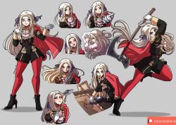 Rule 34 | 1girl, artist name, axe, black footwear, blood, blood on clothes, blood on face, blush, character sheet, closed eyes, crying, edelgard von hresvelg, eyes visible through hair, fire emblem, fire emblem: three houses, garreg mach monastery uniform, gloves, grey background, high heels, highres, holding, holding axe, holding weapon, kinkymation, long hair, looking at viewer, map, multiple views, nintendo, open mouth, pantyhose, patreon username, pillow, purple eyes, red pantyhose, shorts, simple background, smile, standing, table, teeth, tongue, torn clothes, watermark, weapon, white hair