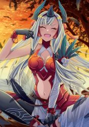 Rule 34 | 1girl, bird, black gloves, closed eyes, fate/grand order, fate (series), feathers, gloves, highres, ichino tomizuki, indian style, kiichi hougen (fate), laughing, long hair, navel, sitting, solo, sunset, tree, white hair
