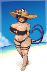 Rule 34 | 1girl, absurdres, animal ear fluff, animal ears, anklet, bandaid, bandaid on face, bandaid on knee, bandaid on leg, bandeau, beach, bell, belly, bikini, black bandeau, black bikini, blue hair, blush, breast suppress, breasts, cat cutout, cat ears, cat girl, cat tail, choker, cleavage, clothing cutout, collarbone, commission, dark-skinned female, dark skin, ears through headwear, fang, flower, hat, hat flower, highres, huge breasts, ichika (ichika manga), jewelry, jingle bell, mole, mole under eye, multiple tails, navel, neck bell, no nose, open mouth, original, plump, short hair, shortstack, skeb commission, slit pupils, smile, solo, straw hat, sunflower, sweat, swimsuit, tail, thick thighs, thigh strap, thighs, wide hips, yellow eyes
