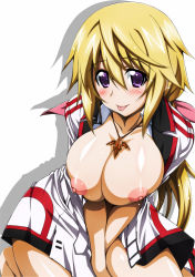 Rule 34 | 10s, 1girl, blonde hair, blush, breasts, charlotte dunois, infinite stratos, island (kossori), large breasts, long hair, nipples, ponytail, purple eyes, school uniform, shiny skin, solo, tongue, tongue out