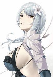 Rule 34 | 1girl, bandaged arm, bandaged neck, bandages, braid, breasts, brown eyes, closed mouth, flower, from side, hair flower, hair ornament, kaine (nier), large breasts, lingerie, looking to the side, nier, nier (series), pale skin, sideboob, silver hair, takanashi-a, underwear, white background