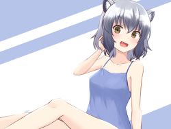 Rule 34 | 1girl, :d, alternate costume, animal ear fluff, animal ears, bare arms, bare legs, bare shoulders, black hair, blue camisole, brown eyes, camisole, collarbone, commentary, common raccoon (kemono friends), extra ears, fang, grey hair, hair between eyes, hands in hair, highres, kemono friends, looking at viewer, medium hair, multicolored hair, open mouth, raccoon ears, shiraha maru, simple background, smile, solo