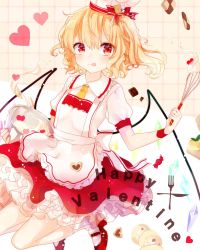 Rule 34 | 1girl, apron, blush, chef hat, crystal, flandre scarlet, food, food on face, frilled skirt, frills, happy valentine, hat, heart, highres, looking at viewer, mary janes, md5 mismatch, mokyuko, puffy sleeves, red eyes, resized, shirt, shoes, short sleeves, side ponytail, skirt, socks, solo, text focus, tongue, tongue out, touhou, white socks, wings, wrist cuffs