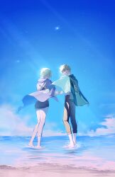 Rule 34 | 1boy, 1girl, absurdres, annie leonhart, armin arlert, beach, blonde hair, blue eyes, blue sky, brown pants, cape, cloud, commentary request, day, highres, long sleeves, looking at another, ocean, outdoors, pants, sand, sayo nara drawing, shingeki no kyojin, sky, sunlight, water, white pants