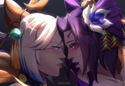 Rule 34 | 2girls, artist name, bekkomi, blue flower, blue hair, blush, cassiopeia (league of legends), collarbone, commentary, english commentary, eye contact, fangs, flower, hair flower, hair ornament, highres, league of legends, long hair, looking at another, lunar empress lux, lux (league of legends), multicolored hair, multiple girls, official alternate costume, parted bangs, portrait, purple hair, short hair, spirit blossom cassiopeia, two-tone hair, white flower, yuri