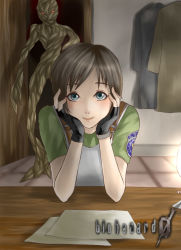 Rule 34 | 1girl, blue eyes, blush, brown hair, choker, copyright name, earrings, fingerless gloves, gloves, hands on own chin, jewelry, looking at viewer, rebecca chambers, resident evil, resident evil 0, short hair, smile, wasabi (legemd), zombie