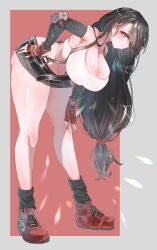 Rule 34 | 1girl, black hair, blush, breasts, final fantasy, final fantasy vii, hand on knee, hand on own hip, hand on own knee, hanging breasts, highres, huge breasts, leaning forward, legs, long hair, looking at viewer, midriff, navel, skirt, smile, solo, suspenders, tank top, thighs, tifa lockhart