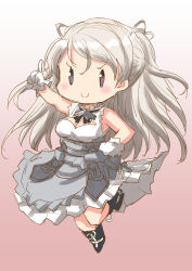 Rule 34 | 1girl, black footwear, boots, breasts, brown eyes, chibi, cleavage, cleavage cutout, clothing cutout, commentary request, conte di cavour (kancolle), conte di cavour nuovo (kancolle), corset, dress, fairy (kancolle), frilled dress, frills, fuji (pixiv24804665), gloves, gradient background, highres, kantai collection, large breasts, long hair, silver hair, solo, two side up, white dress, white gloves