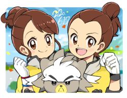 Rule 34 | 1boy, 1girl, blush, brown eyes, brown hair, closed mouth, cloud, commentary request, creatures (company), cu-sith, dated, day, dynamax band, eyelashes, game freak, gen 8 pokemon, gloria (pokemon), gloves, hair bun, hand up, kubfu, legendary pokemon, looking at viewer, nintendo, open mouth, pokemon, pokemon (creature), pokemon swsh, single hair bun, sky, smile, teeth, tongue, victor (pokemon), white gloves