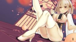 Rule 34 | 1girl, absurdres, ahoge, ass, azur lane, black dress, blurry, blurry background, braid, breast curtains, breasts, brown hair, cherry blossoms, cherry tree, cleavage, commentary request, commission, depth of field, dress, dyne gallon, flower, gloves, hair between eyes, hair flower, hair ornament, high heels, highres, large breasts, leg up, manjuu (azur lane), panties, parted lips, red eyes, sirius (azur lane), sirius (azure horizons) (azur lane), skeb commission, solo, thighhighs, thighs, underboob, underwear, white footwear, white gloves, white panties, white thighhighs, wooden floor