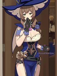 Rule 34 | 1boy, 1girl, aether (genshin impact), ahoge, blonde hair, braid, braided ponytail, breasts, brown hair, capelet, cleavage cutout, closing door, clothing cutout, doorway, dress, genshin impact, green eyes, hat, highres, huge breasts, implied after fellatio, indoors, jewelry, lisa (genshin impact), looking at viewer, necklace, opening door, putting on legwear, single braid, tissue, wiping mouth, witch hat, yuushiba