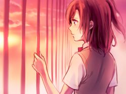 Rule 34 | 10s, 1girl, back, blush, bow, bowtie, brown hair, cloud, fence, from behind, highres, holding, kosaka honoka, looking afar, love live!, love live! school idol project, one side up, outdoors, parted lips, profile, red bow, red bowtie, red eyes, shirt, short sleeves, sky, sunset, sweater vest, upper body, white shirt, wind, yukiiti