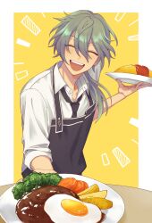 1boy :d ^_^ apron black_apron border broccoli carrot carrot_slice closed_eyes dual_wielding ensemble_stars! facing_viewer food food_focus foreshortening french_fries fried_egg hair_over_shoulder happy_aura head_tilt highres holding holding_plate incoming_food incoming_gift leaning_forward male_focus meat omelet omurice open_collar open_mouth otabe_(g0hanpanmen) outside_border plate shiina_niki shirt smile solo standing teeth upper_body upper_teeth_only waiter white_border white_shirt wing_collar yellow_background
