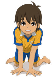 Rule 34 | 1boy, all fours, barefoot, brown eyes, brown hair, child, feet, full body, handa shin&#039;ichi, inazuma eleven, inazuma eleven (series), kneeling, looking at viewer, male focus, open mouth, simple background, smile, soccer uniform, solo, sportswear, white background, yamamiya hiroshi
