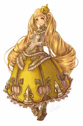 Rule 34 | 1girl, armor, armored dress, bespin, blonde hair, blue eyes, boots, dress, drill hair, earrings, fantasy, gloves, hat, highres, jewelry, long hair, original, pointy ears, revision, simple background, smile, solo, twin drills, very long hair, white background, yellow dress