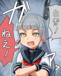 Rule 34 | 1girl, black sailor collar, blunt bangs, commentary request, crossed arms, dress, grey hair, hair ribbon, headgear, highres, kantai collection, long hair, mizoki kei, murakumo (kancolle), open mouth, orange eyes, red neckwear, red ribbon, ribbon, sailor collar, sailor dress, simple background, solo, speech bubble, translation request, tress ribbon, upper body