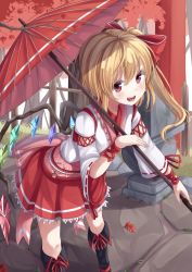 Rule 34 | 1girl, :d, alternate costume, blonde hair, blouse, blush, eyebrows hidden by hair, female focus, flandre scarlet, gurasion (gurasion), highres, holding, holding umbrella, looking at viewer, oil-paper umbrella, open mouth, red eyes, shirt, side ponytail, skirt, smile, solo, standing, touhou, umbrella, white shirt, wings