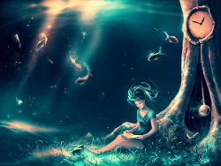 Rule 34 | 1girl, air bubble, animal, bare legs, barefoot, book, bubble, closed mouth, collarbone, cyril rolando, day, dress, field, fish, floating hair, full body, grass, green dress, green eyes, green hair, holding, holding book, light rays, matching hair/eyes, open book, original, outdoors, pendulum, plant, reading, shoes, unworn shoes, short sleeves, solo, sunlight, tree, under tree, underwater, white footwear