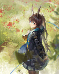 Rule 34 | 1girl, absurdres, amiya (arknights), animal ears, arknights, arms behind back, basket, black coat, blue eyes, brown hair, brown pantyhose, camera, camera around neck, coat, commentary, cowboy shot, day, daylightallure, english commentary, field, flower, flower field, footprints, full body, grass, head tilt, highres, jewelry, leaf, long hair, long sleeves, looking at viewer, multiple rings, open clothes, open coat, own hands clasped, own hands together, pantyhose, pocket, ponytail, rabbit ears, ring, scenery, sidelocks, snow, solo, thumb ring, walking