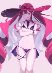 Rule 34 | 1girl, absurdres, bare shoulders, bikini, black bikini, blush, breasts, cleavage, collarbone, baobhan sith (fate), fate/grand order, fate (series), grey eyes, hat, highres, long hair, looking at viewer, matsukan (dug pile), medium breasts, navel, open mouth, pink hair, pointy ears, sidelocks, smile, solo, sun hat, swimsuit, thighs, very long hair