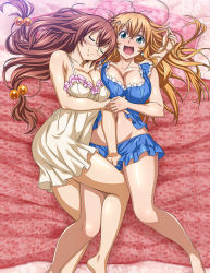 Rule 34 | 2girls, bare arms, bare legs, bed sheet, blonde hair, blue shirt, blue shorts, breasts, brown hair, cleavage, closed eyes, dress, earrings, embarrassed, frilled shirt, frills, glasses, green eyes, hair bobbles, hair ornament, ikkitousen, jewelry, large breasts, long hair, looking at viewer, lying, magatama, magatama earrings, multiple girls, navel, nightgown, on back, on side, open mouth, ryuubi gentoku, shirt, short dress, short shorts, shorts, sleeping, sleepwear, sleeveless, sleeveless dress, sleeveless shirt, sonsaku hakufu, sweatdrop, very long hair, white dress, yuri