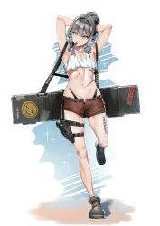 Rule 34 | 1girl, ankle boots, armpits, bad id, bad pixiv id, bare legs, bare shoulders, belt, blue background, boots, breasts, brown shorts, carrying over shoulder, case, commentary request, crop top, grey hair, gun, hair between eyes, hair bun, hair intakes, hair ornament, hairpin, highleg, highleg panties, highres, holster, ihobus, korean commentary, original, panties, purple eyes, shorts, single hair bun, small breasts, solo, star (symbol), thigh holster, underboob, underwear, unzipped, weapon, white background