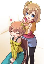Rule 34 | 10s, 2girls, alternate hairstyle, bare shoulders, blue eyes, blush, bow, brown hair, chair, commentary request, closed eyes, hair bow, heart, hoshizora rin, kosaka honoka, love live!, love live! school idol project, multiple girls, off-shoulder shirt, one side up, open mouth, orange hair, pants, pantyhose, shipii (jigglypuff), shirt, short hair, shorts, sitting