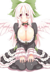 Rule 34 | 1girl, alternate color, alternate costume, angel wings, bad id, bad pixiv id, black dress, black pantyhose, bow, breasts, cleavage, commentary request, demekyon, dress, gothic lolita, hair bow, highres, huge breasts, lolita fashion, long hair, pantyhose, pink eyes, reiuji utsuho, silver hair, sitting, smile, solo, third eye, touhou, v arms, very long hair, wariza, wide sleeves, wings