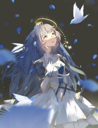 Rule 34 | 1girl, absurdres, animal ears, arknights, astesia (arknights), astesia (frlibe on the palace) (arknights), bird, bird ears, black background, blue eyes, blue hair, cowboy shot, dress, falling petals, gloves, hair ornament, hand on own chest, highres, layered dress, long hair, looking up, petals, simple background, smile, solo, standing, white dress, yuluojinmian