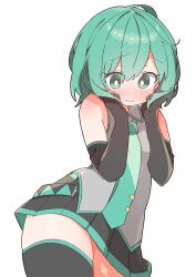Rule 34 | 1girl, :&gt;, absurdres, alternate hairstyle, aqua eyes, aqua hair, aqua necktie, bare shoulders, black gloves, black skirt, black sleeves, blush, detached sleeves, elbow gloves, gloves, hands on own cheeks, hands on own face, hatsune miku, highres, looking at viewer, necktie, pleated skirt, shiny skin, short hair, shy, skirt, smile, solo, thick thighs, thighhighs, thighs, uruti 2388, vocaloid, white background