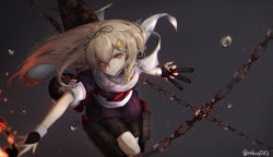 Rule 34 | 10s, 1girl, blonde hair, chain, dark background, fingerless gloves, gloves, glowing, glowing eyes, hair ornament, hairclip, highres, holding, kantai collection, long hair, looking at viewer, machinery, outstretched arms, pleated skirt, red eyes, rerubixi, sail, scarf, school uniform, serafuku, short sleeves, skirt, slit pupils, solo, sparks, torpedo, turret, twitter username, water drop, white scarf, yuudachi (kancolle), yuudachi kai ni (kancolle)
