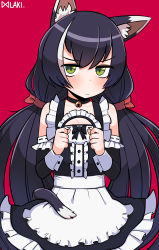 Rule 34 | 1girl, absurdres, alternate costume, animal ear fluff, animal ears, apron, bare shoulders, bell, black bow, black choker, black dress, black hair, black sleeves, blush, bow, cat ears, cat girl, cat tail, choker, collar, collarbone, commentary, detached sleeves, dress, enmaided, frilled apron, frilled dress, frills, green eyes, hair between eyes, hair bow, highres, holding, jingle bell, karyl (princess connect!), lakilolom, long hair, long sleeves, low twintails, maid, maid headdress, multicolored hair, neck bell, princess connect!, red background, red bow, ribbon-trimmed sleeves, ribbon trim, signature, simple background, sleeveless, sleeveless dress, solo, streaked hair, tail, twintails, very long hair, waist apron, white apron, white hair
