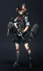 Rule 34 | 10s, 1girl, ammunition pouch, bike shorts, blue eyes, body armor, camouflage, combat knife, dazzle paint, didloaded, eotech, full body, gloves, gun, gun sling, headset, kantai collection, knife, laser sight, neck ribbon, night-vision device, pink hair, bulletproof vest, pleated skirt, ponytail, pouch, red ribbon, ribbon, sheath, shiranui (kancolle), skirt, solo, torpedo, weapon