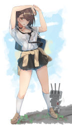 Rule 34 | 1girl, absurdres, ahoge, alternate costume, arms up, azur lane, bag, baltimore (after-school ace) (azur lane), baltimore (azur lane), beige sweater, black hair, black necktie, black skirt, blush, braid, breasts, brown footwear, choker, cleavage, clothes around waist, collarbone, collared shirt, highres, kneehighs, large breasts, loafers, looking at viewer, loose neckwear, necktie, open mouth, pleated skirt, school uniform, shirt, shoes, short hair, short sleeves, skirt, socks, solo, sweat, sweater, sweater around waist, uniform, white socks, yellow eyes, yusha m