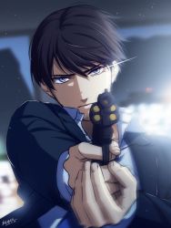 Rule 34 | 1boy, aiming, aiming at viewer, black hair, blue jacket, blurry, blurry background, closed mouth, collared shirt, commentary request, dated, depth of field, facial hair, fingernails, gun, hair between eyes, handgun, highres, holding, holding gun, holding weapon, jacket, kouno kb, long sleeves, looking at viewer, male focus, meitantei conan, purple eyes, scotch (meitantei conan), serious, shirt, short hair, signature, solo, stubble, upper body, weapon, white shirt