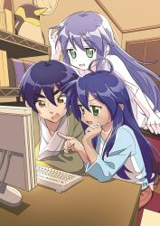 Rule 34 | 1boy, 2girls, :3, ahoge, aqua shirt, blue hair, blush, casual, chair, clenched hand, commentary request, desk, family, father and daughter, ghost, green eyes, hair between eyes, highres, hotaru iori, husband and wife, ichimi renge, index finger raised, indoors, izumi kanata, izumi konata, izumi soujirou, keyboard (computer), light blush, long hair, lucky star, mole, mole under eye, monitor, mother and daughter, multiple girls, open mouth, pointing, shelf, shirt, sidelocks, sitting, smile, thick eyebrows, tongue, v-shaped eyebrows, very long hair